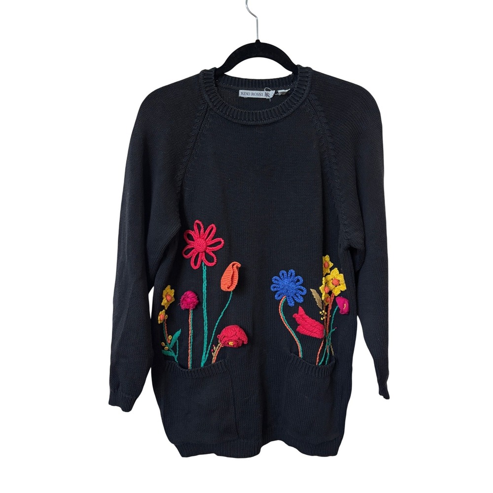 Vintage Rino Rossi Black Cotton Sweater‎ 3D Floral Crochet Embroidery Pockets S